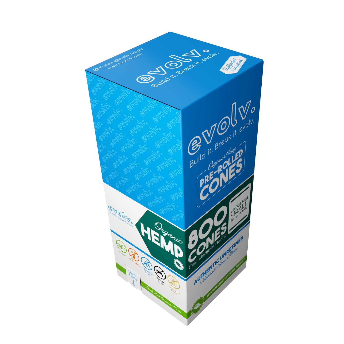 EVOLV Organic Hemp Pre-Rolled Cones | Single Size (Dog Walker) | 70mm/30mm | 800/Pack