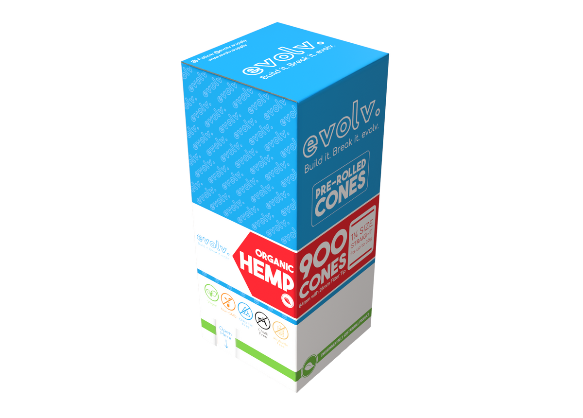 EVOLV Organic Hemp Pre-Rolled Cones | 1 1/4 Straight Size: 84mm/26mm | Slender | 900/Pack