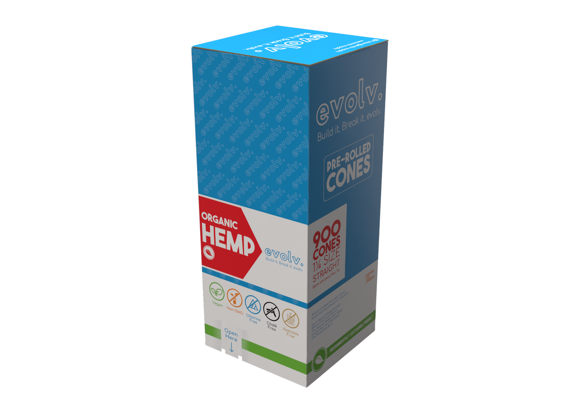 EVOLV Organic Hemp Pre-Rolled Cones | 1 1/4 Straight Size: 84mm/26mm | Slender | 900/Pack