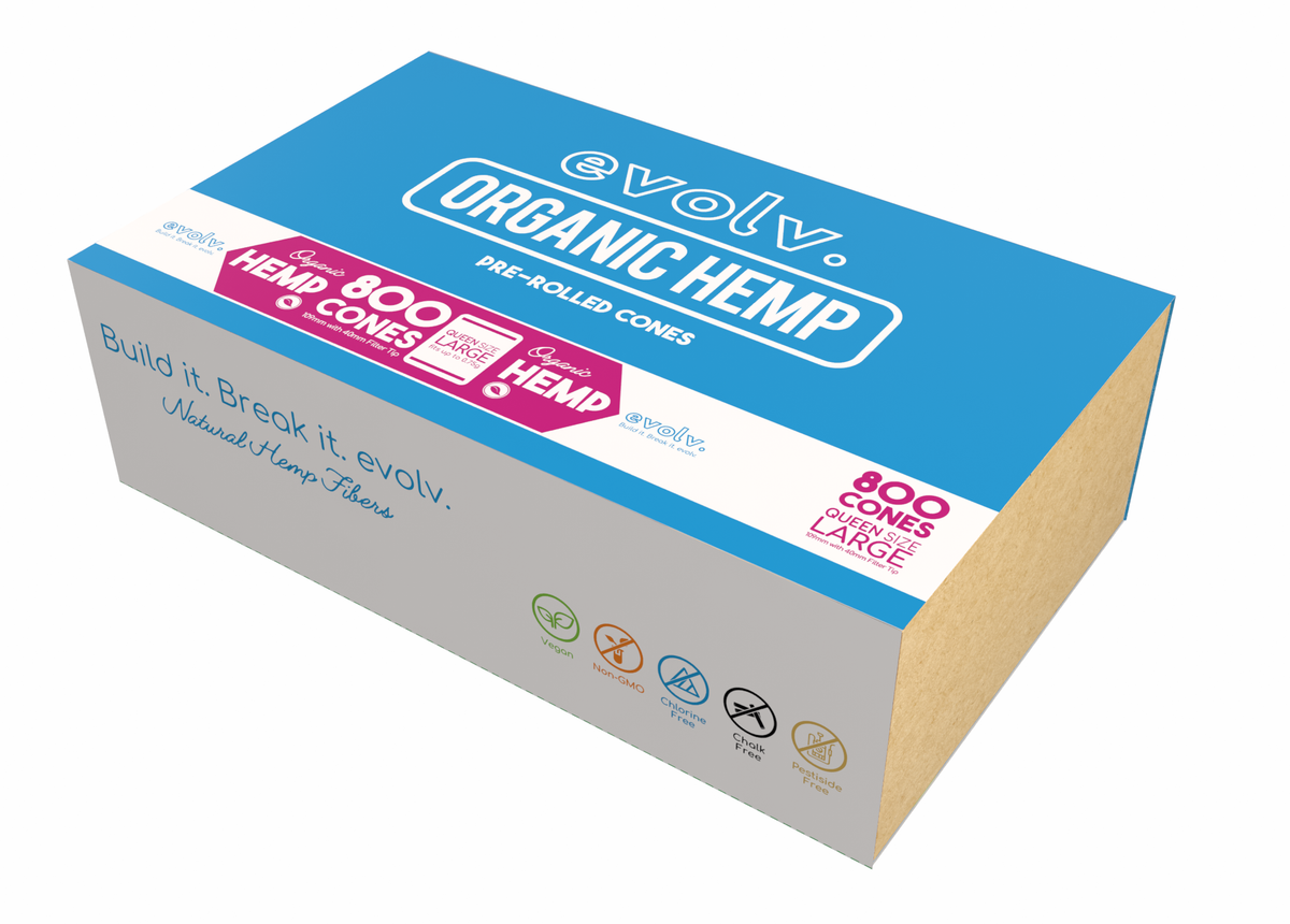 EVOLV Organic Hemp Pre-Rolled Cones | Queen Size: 109mm/40mm | Slender | 800/Pack