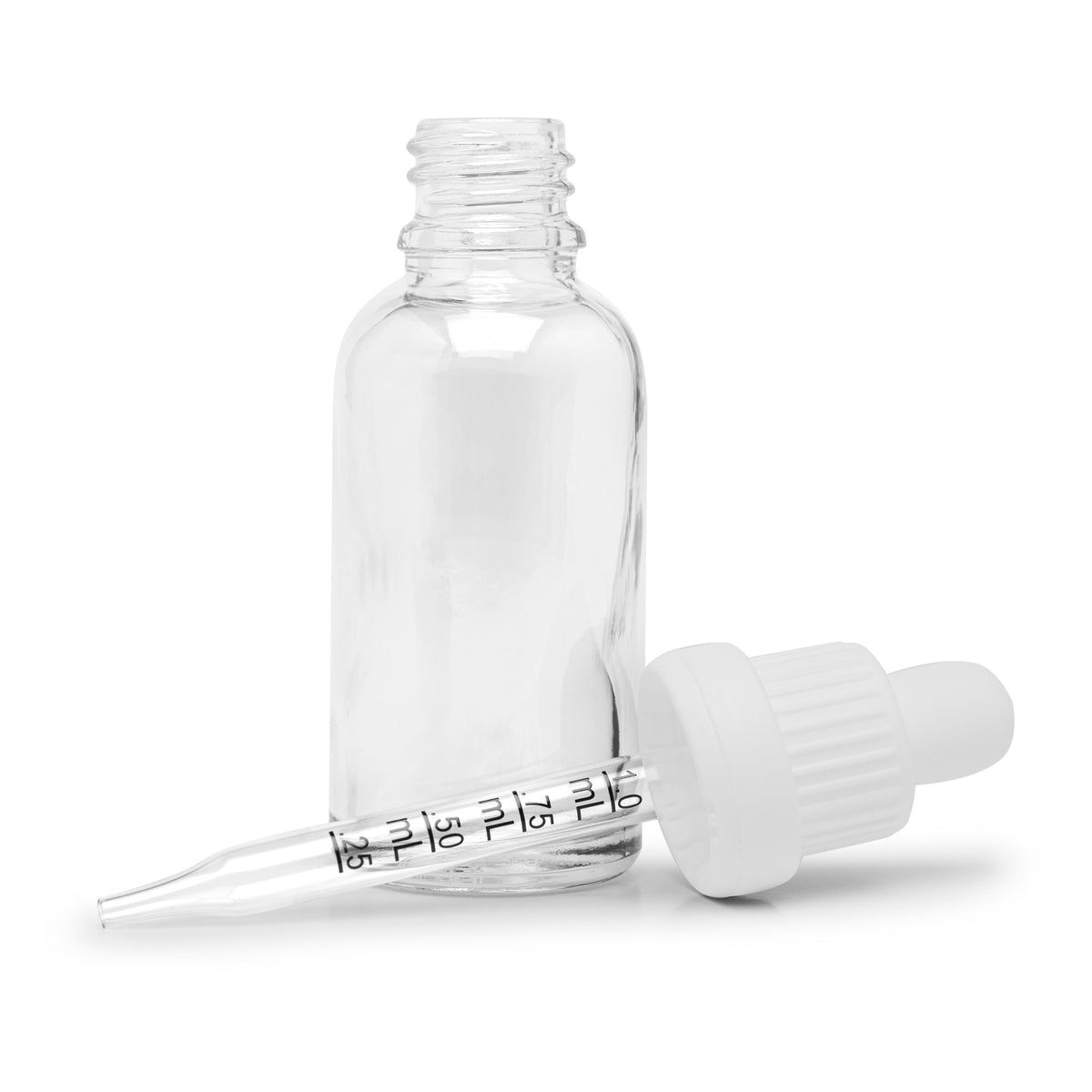 30ml Glass Dropper Bottles w/Measurements & Tamper Proof Lid | Clear Bottle & White Cap | 120pc Carton