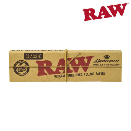 RAW Classic Masterpiece Rolling Papers | Size: King Size Slim | w/ Pre-rolled Tips | 24 Pack Box