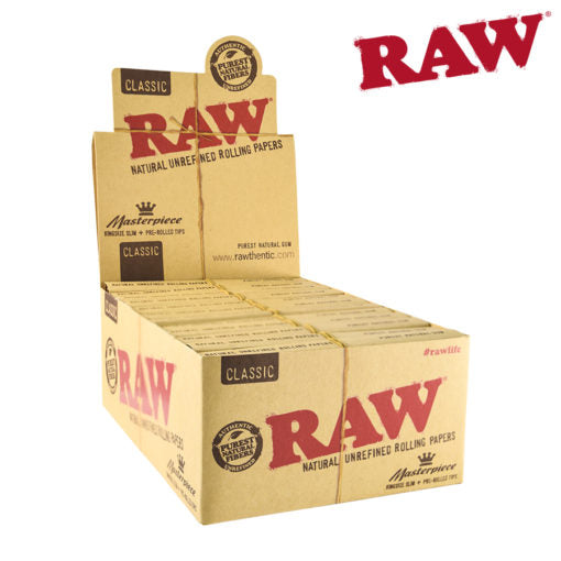 RAW Classic Masterpiece Rolling Papers | Size: King Size Slim | w/ Pre-rolled Tips | 24 Pack Box