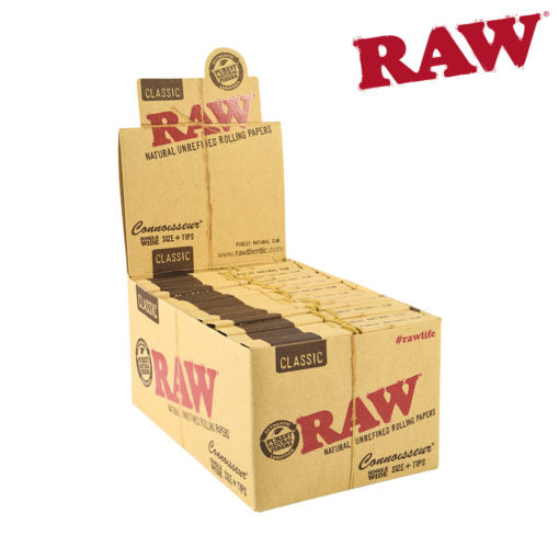 RAW Classic Connoisseur Papers | Size: Single Wide | w/ Papers & Tips | 24 Pack Box