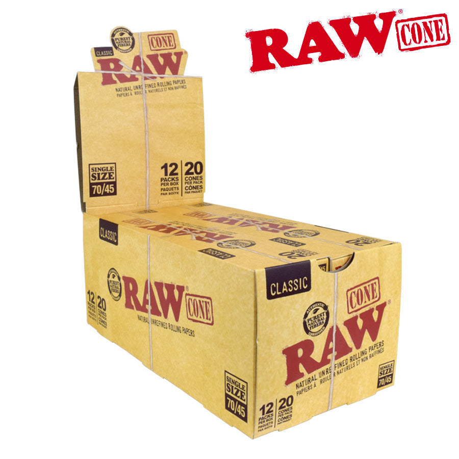 RAW Classic Single Size (70/45) Pre Rolled Cones | Retail 20 Cone Packs | 12 Pack Box