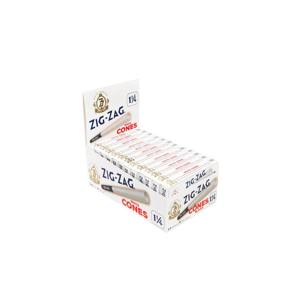 Zig Zag | Pre-Rolled White 1 1/4 Size Cones | 6 Cone Retail Packs | 24 Pack Box