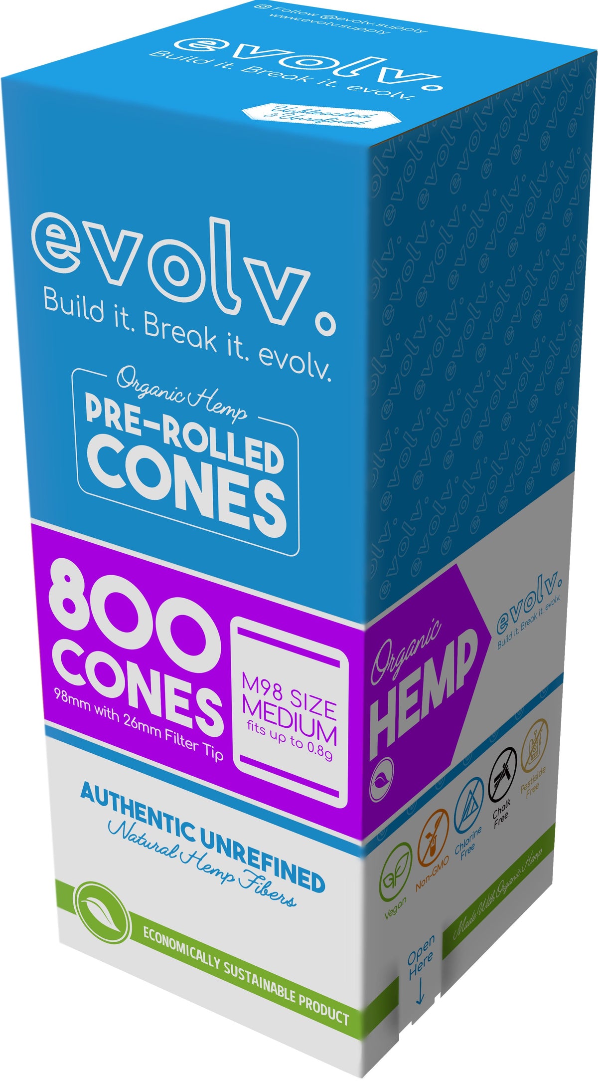 EVOLV Organic Hemp Pre-Rolled Cones | Size: M98 (98mm) | 800/Pack