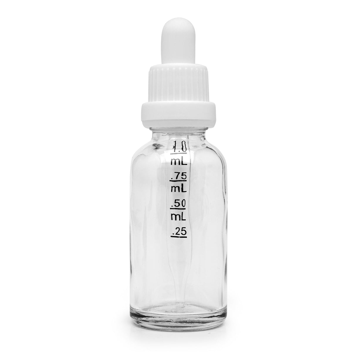 30ml Glass Dropper Bottles w/Measurements & Tamper Proof Lid | Clear Bottle & White Cap | 120pc Carton