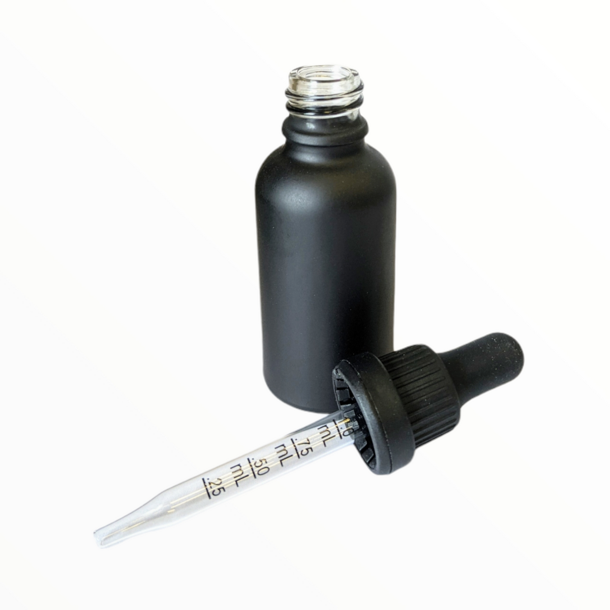 30ml Glass Dropper Bottles w/Measurements & Tamper Proof Lid | Matte Black Bottle & Black Cap | 120pc Carton