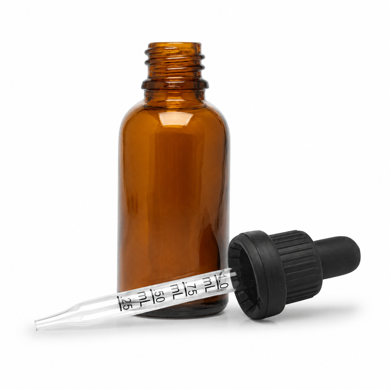 30ml Glass Dropper Bottles w/Measurement & Tamper Proof Lid | Amber Bottle & Black Cap | 120pc Carton