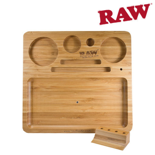 Close-up of compartments in RAW Bamboo Rolling Tray