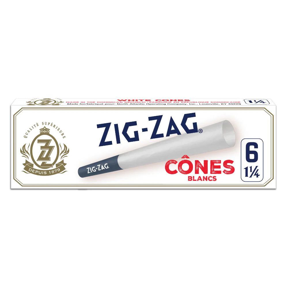 Zig Zag | Pre-Rolled White 1 1/4 Size Cones | 6 Cone Retail Packs | 24 Pack Box