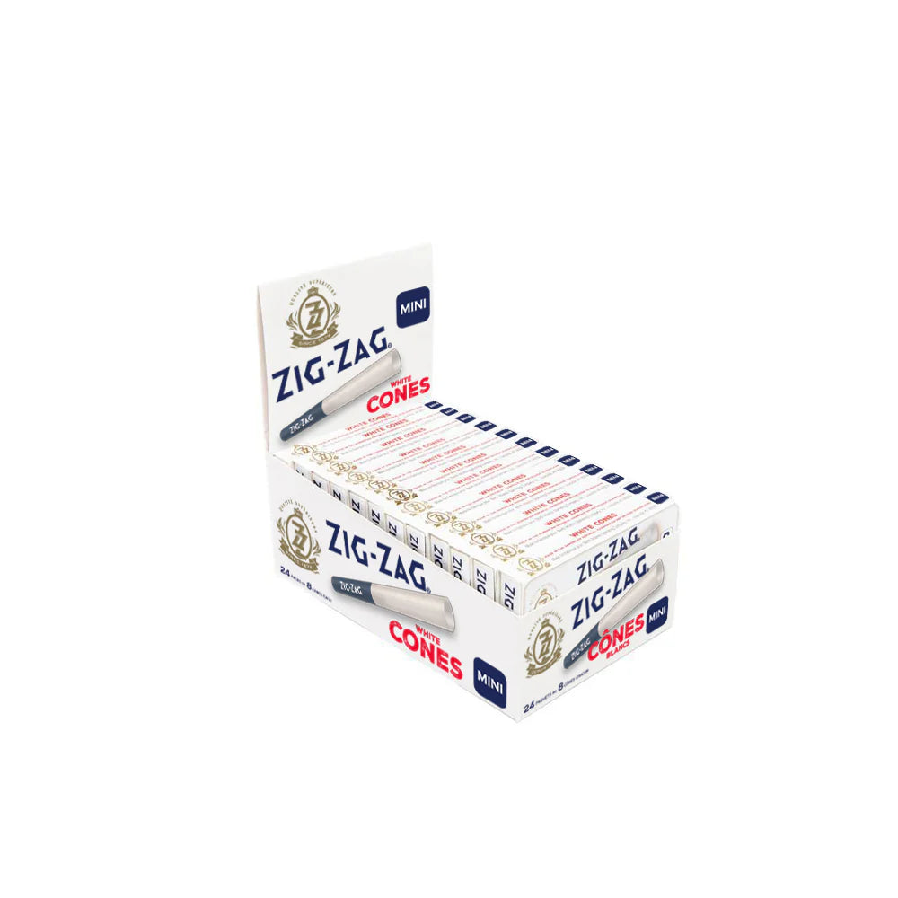 Zig Zag | Pre-Rolled White Mini Cones | 8 Cone Retail Packs | 24 Pack Box